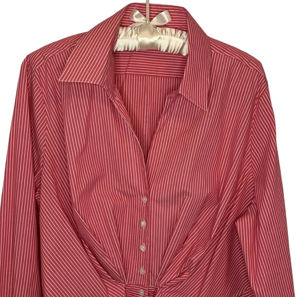 J. PETERMAN WOMENS 1950'S TIE FRONT BLOUSE STRIPED BUTTON DOWN - Picture 2 of 10